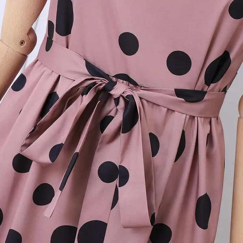 Polka Dot Kaftan Dress For Women Belted Waist Sleeveless