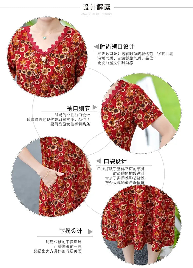 Bohemian Summer Dress With V Neck Print Vintage Midi