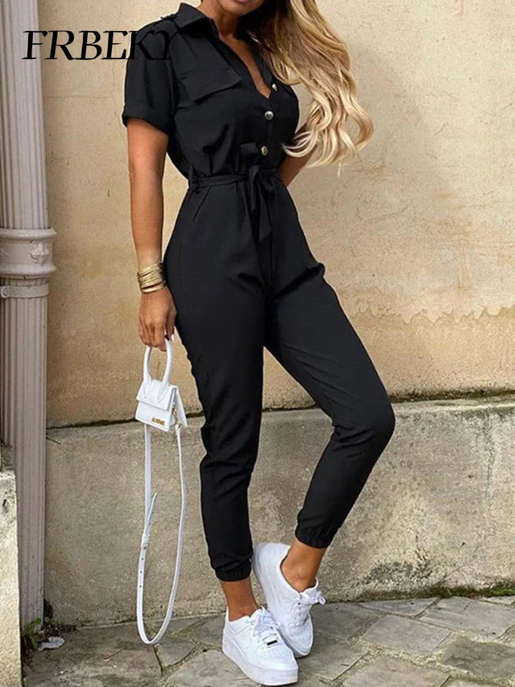 Casual Chic Overalls for Women Lapel Lace-Up Print Belted Work Jumpsuit One-Piece Bodysuit Elegant Long Sleeve Jumpsuit with Stylish Fit
