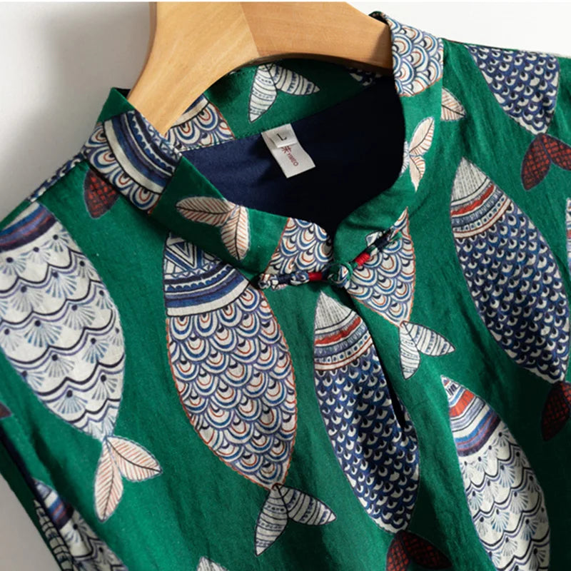 Fish Plaid Print Cotton Linen Dress O Neck Sleeveless A Line