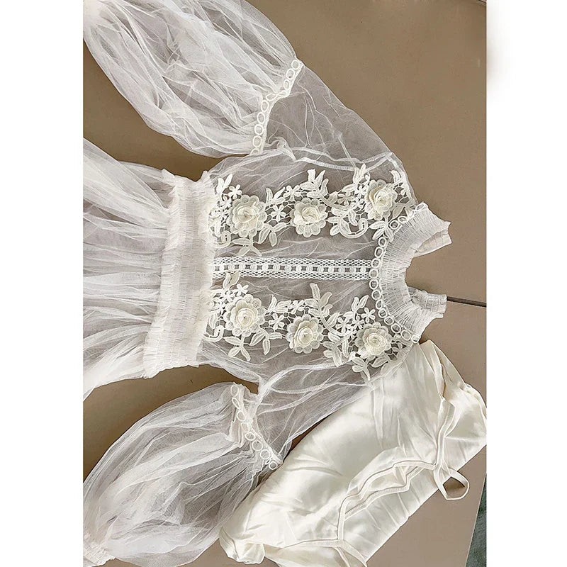 White Lace Mesh Dress With Lantern Sleeves For Women
