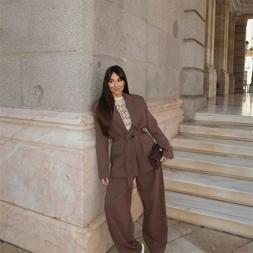 Elegant Womens Pantsuit Set Belted Jacket And Pants