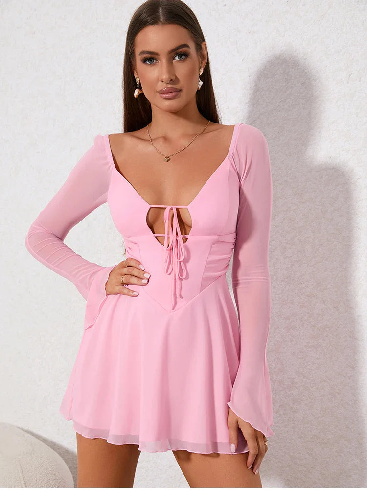 Sexy Hollow Out Bandage Mini Dress With Full Sleeves