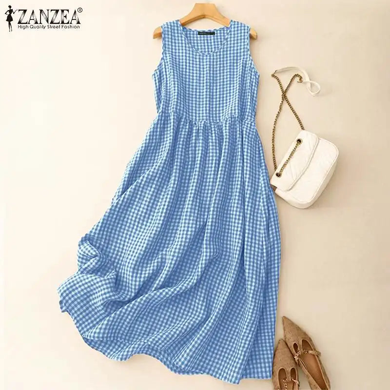Gingham Midi Dress For Women Vintage Casual Aline Holiday