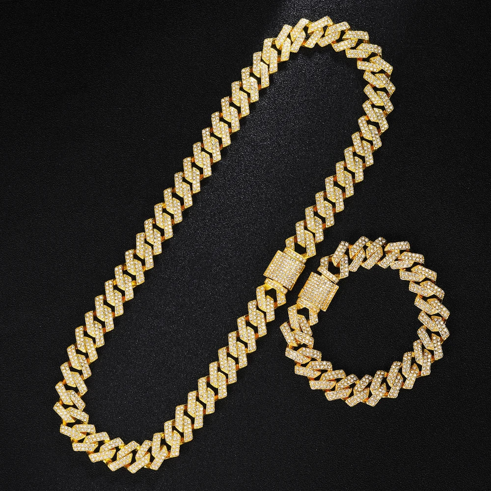 Gold Color Cuban Chain Watch for Men with Iced Out Rhinestones Hip Hop Style Necklace and Bracelet Jewelry