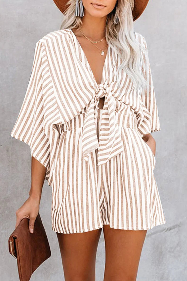 Women's Summer Slimming Striped Jumpsuit with Deep V Neck, Flared Three Quarter Sleeves, and Wide Leg Pants