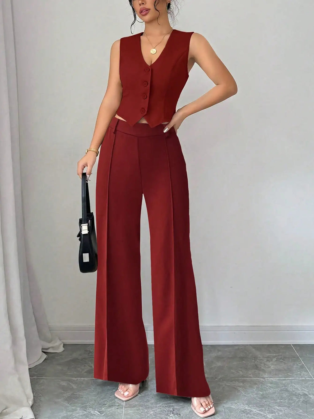 Women's 2Pcs Red Date Night Vest Jacket and Pants Set