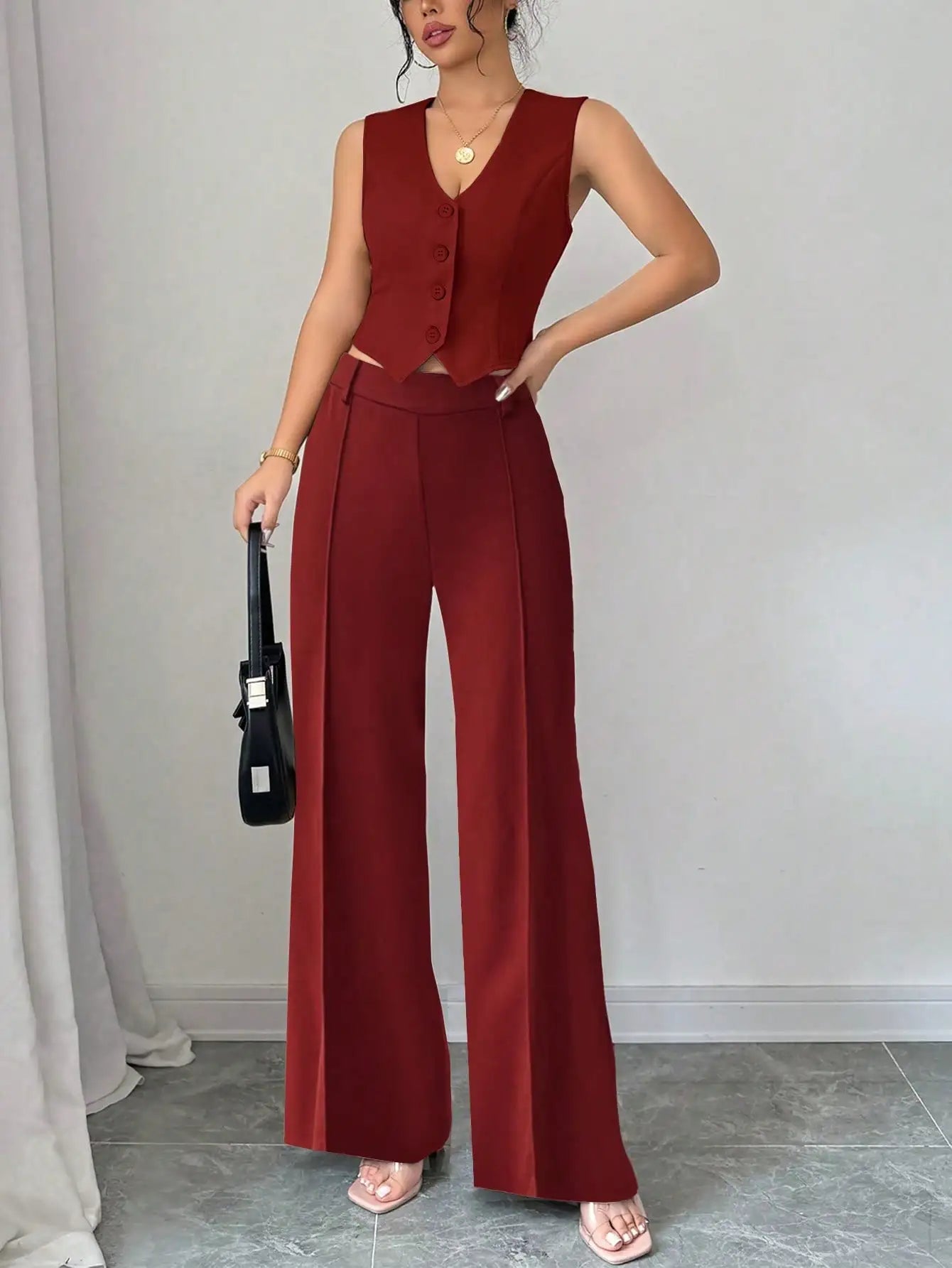 Women's 2Pcs Red Date Night Vest Jacket and Pants Set