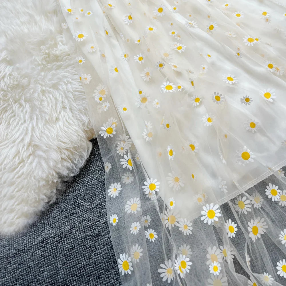 Floral Daisy Print Mesh Long Dress for Summer Vacation