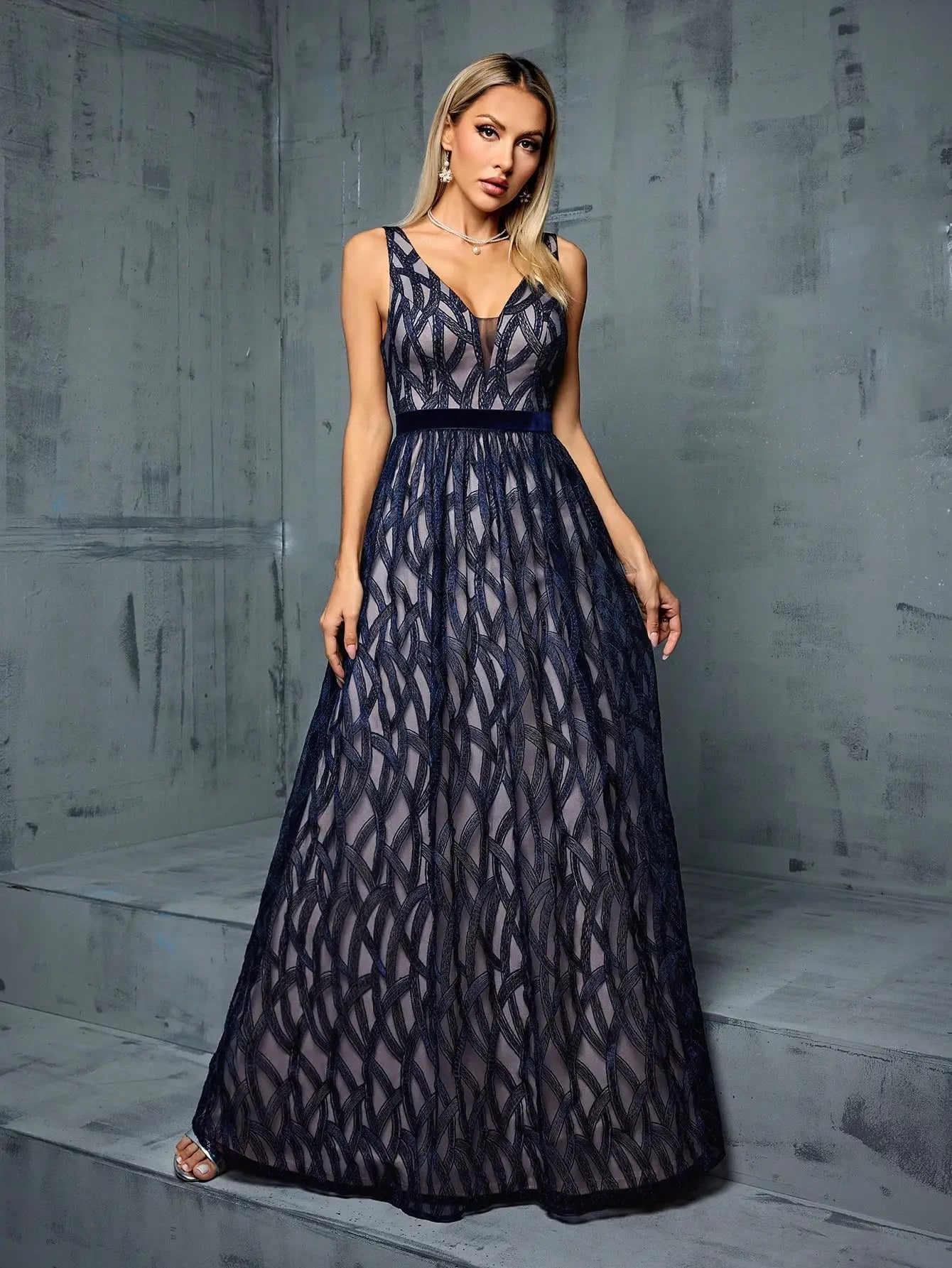 V Neck Embroidered Lace Ball Gown With Contrasting Skirt