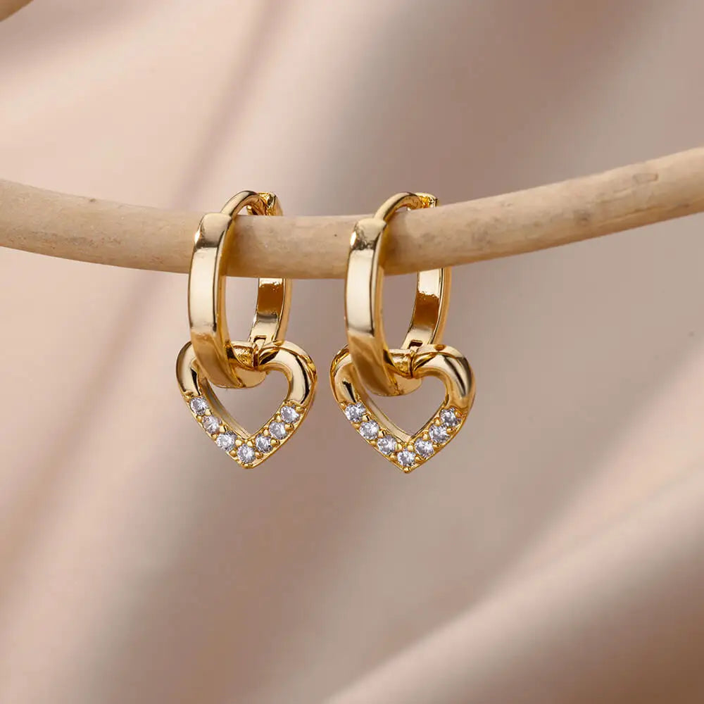 Hollow Zircon Heart Earrings for Women Gold Plated Stainless Steel Heart Shaped Jewelry Gift for Weddings and Couples