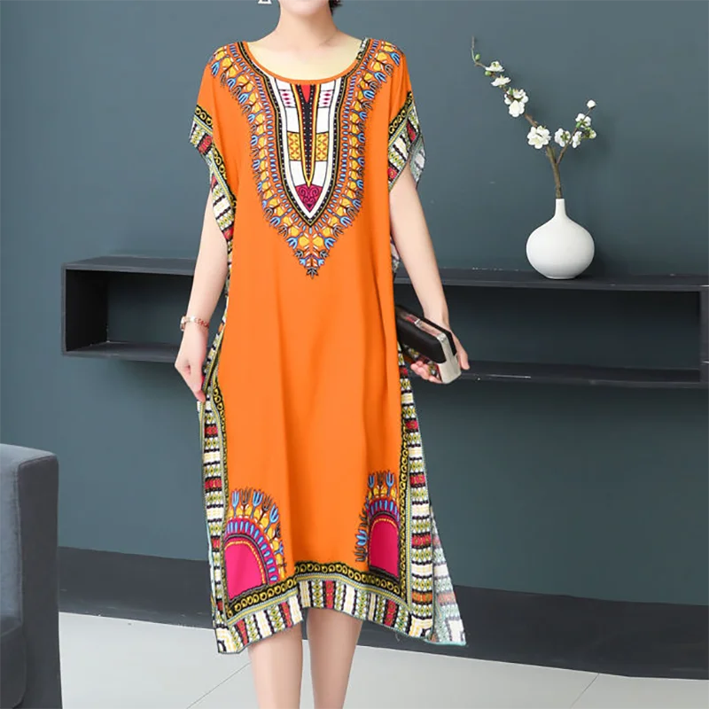 Retro Ethnic Print Batwing Sleeves Dress With High Slit