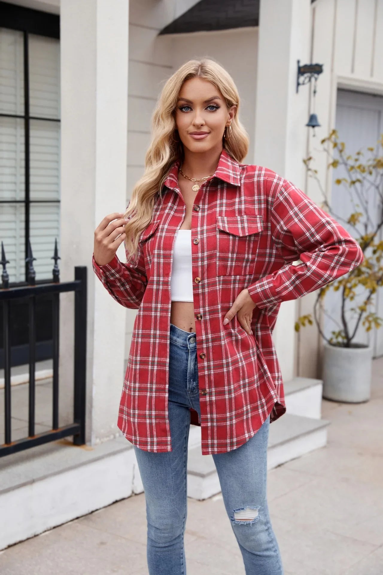 Women Plaid Button Up Shirt Loose Fit Warm Long Sleeve Casual Blouse with Pockets Autumn Winter Checkered Top Preppy Y2K Harajuku Style