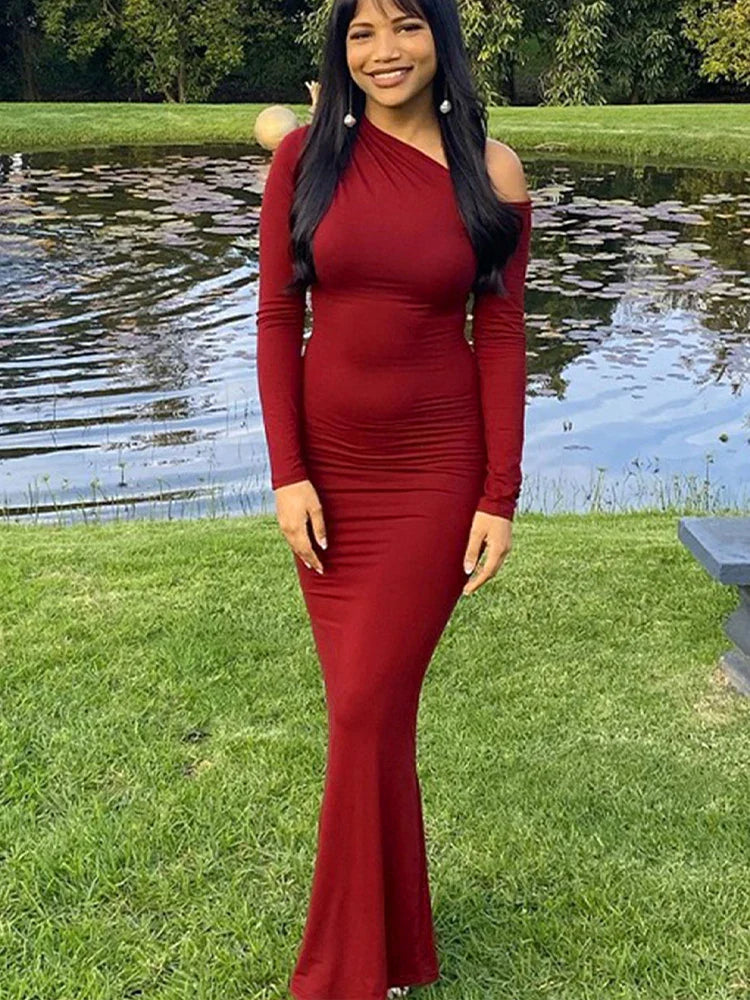 One Shoulder Red Dress Knit For Women Autumn Winter Fashion