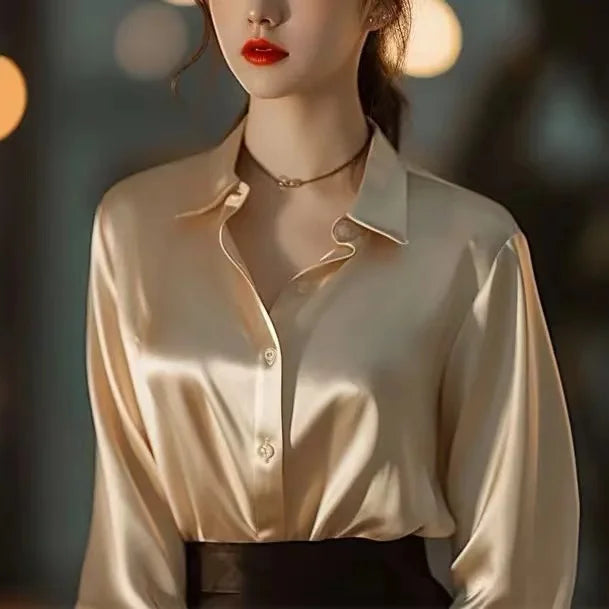 Elegant Satin Long Sleeve Women's Shirt Slim Fit Casual Office Blouse Stylish Autumn Top