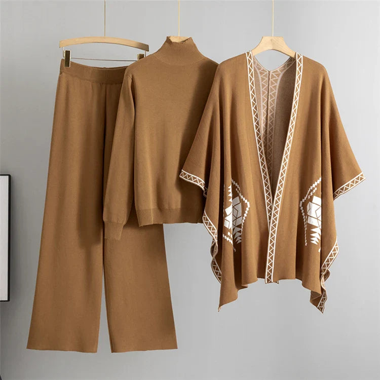 Cozy Knit Shawl and Wide Leg Pants Set with Elegant Turtleneck Sweater Women's 3-Piece Fall Outfit