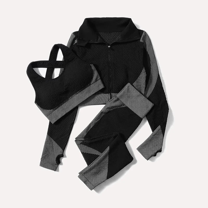 Seamless Women Yoga Suit with High Waist Leggings and Long Sleeve Crop Top Fitness Set