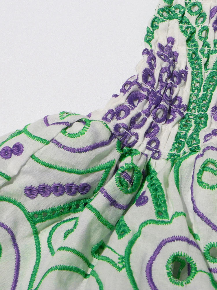 Embroidery Print Strapless Mini Dress Ruffled High Waist