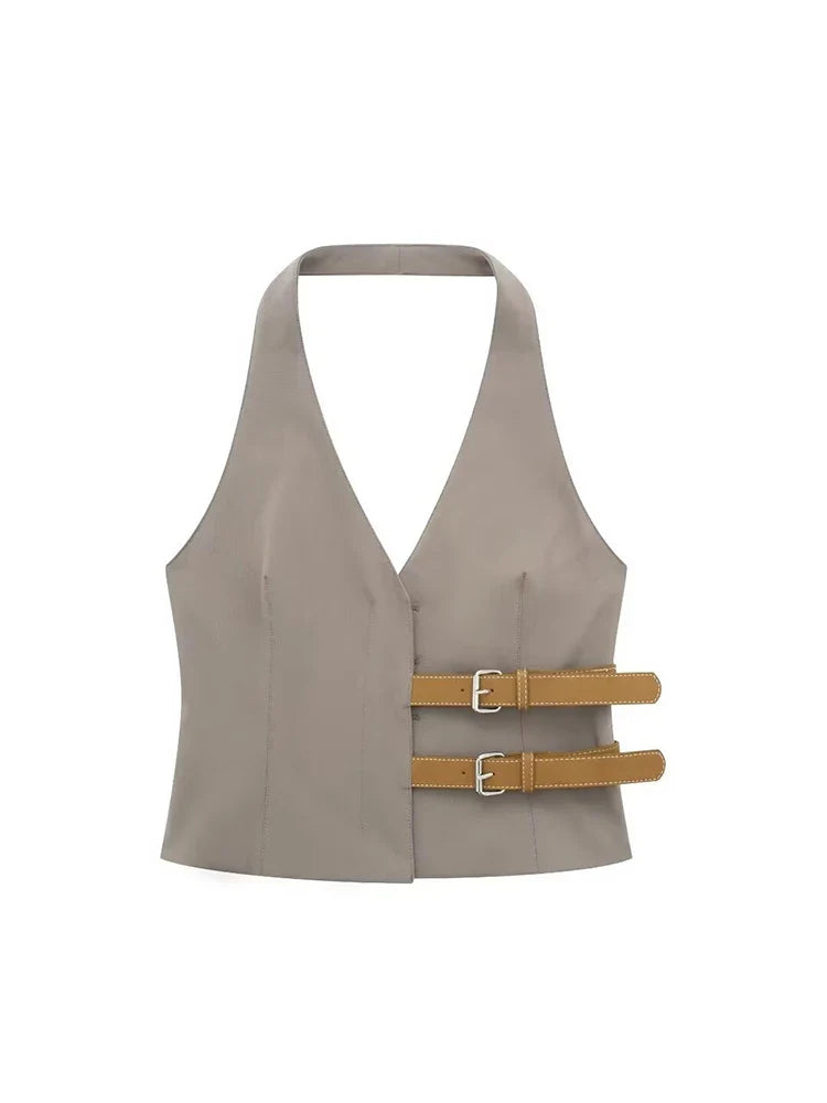 Women's Two-Piece Suit Set with Belt Halter V-Neck Top and High-Waisted Pleated Pants