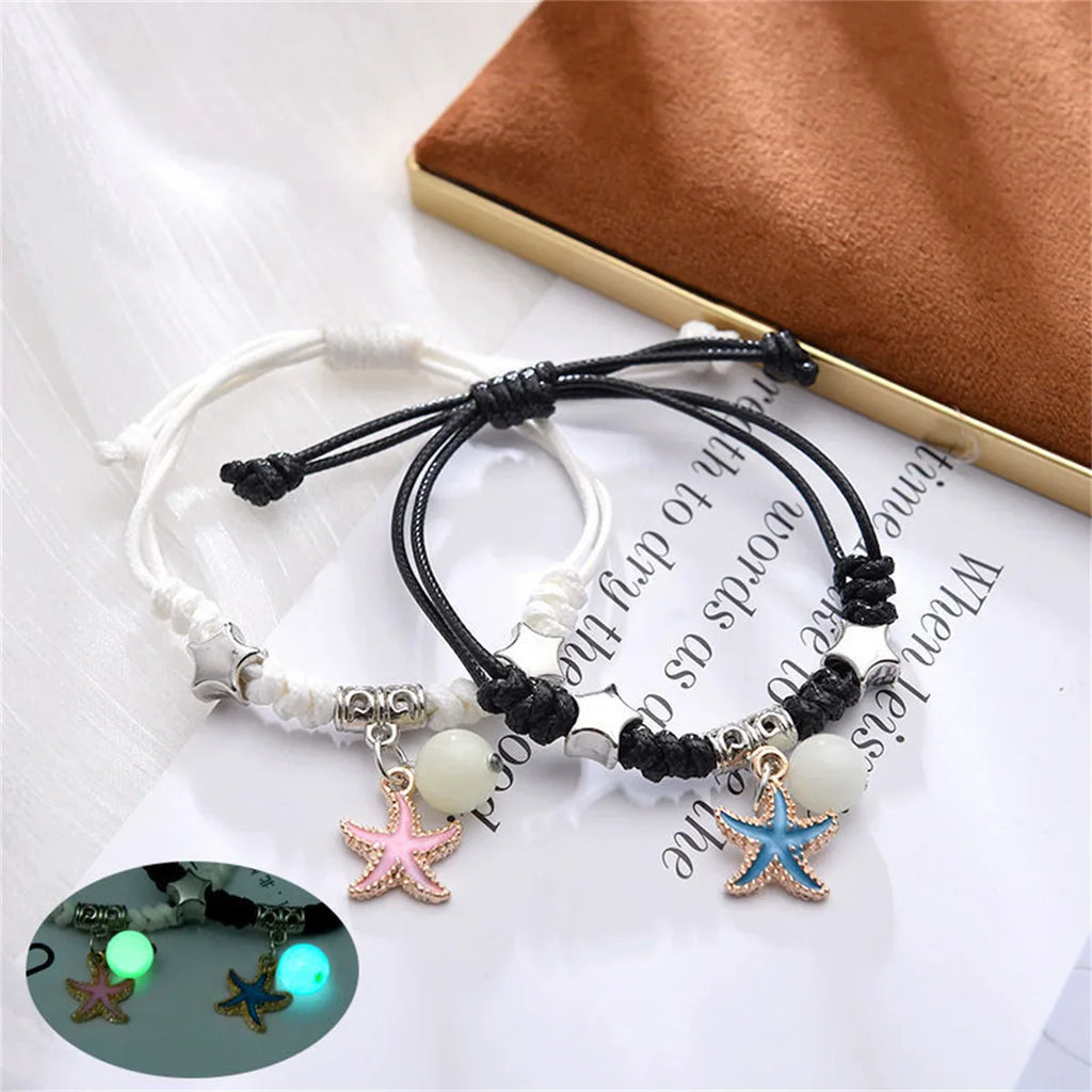 Luminous Beads Star Couple Bracelet for Women and Men Matching Friendship Jewelry with Cat Flower Heart Key Lock Cross Charms