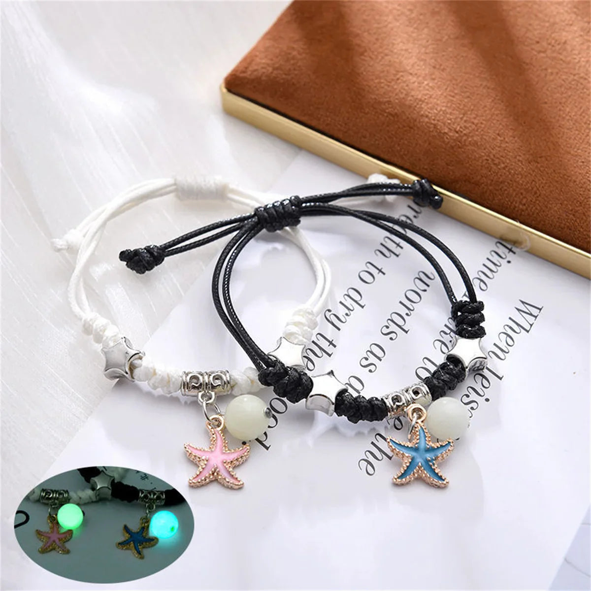 Luminous Beads Star Couple Bracelet for Women and Men Matching Friendship Jewelry with Cat Flower Heart Key Lock Cross Charms