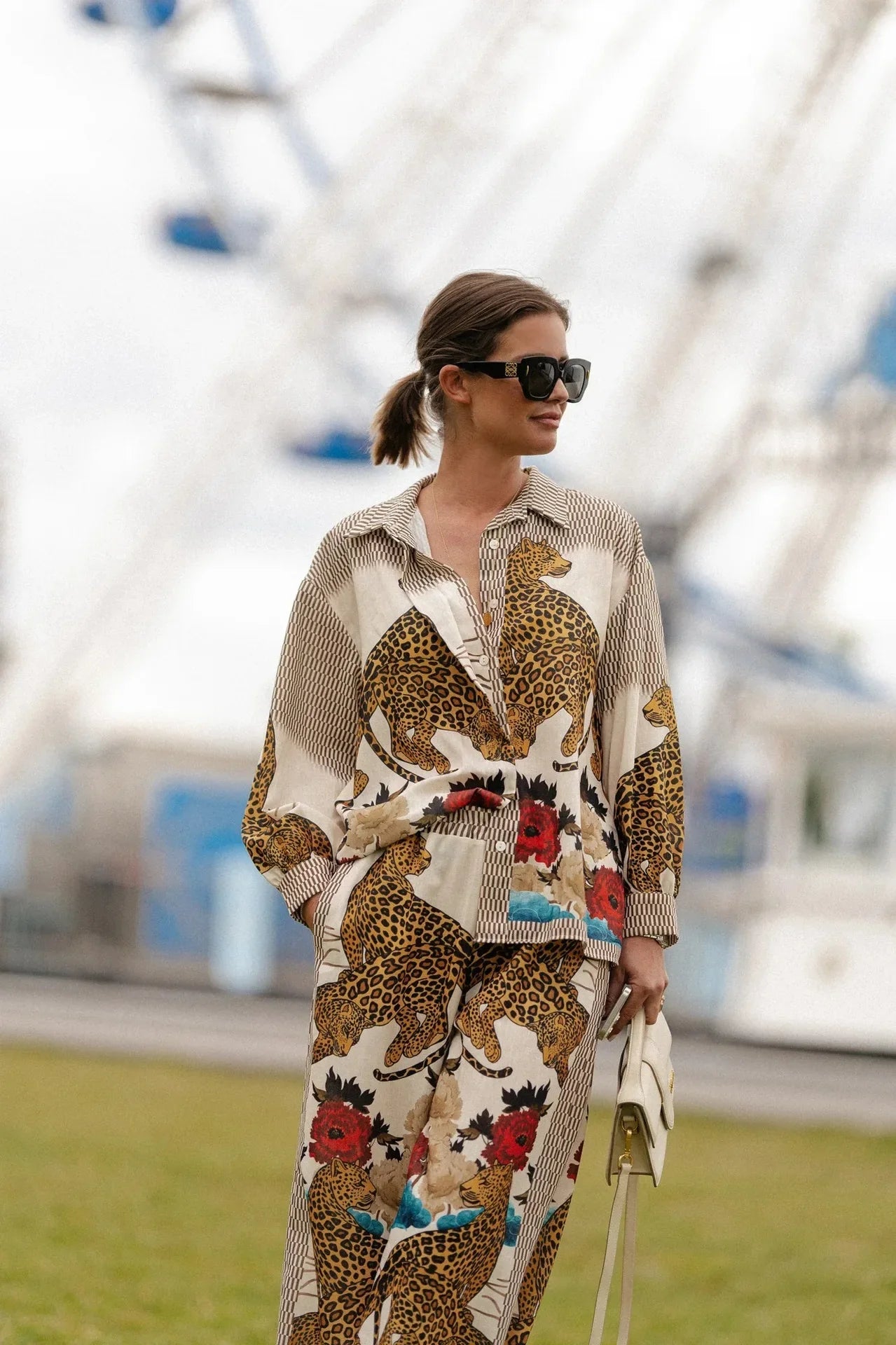 Autumn Women Leopard Print Suit Vintage Single Breasted Wide Leg Pants Set Casual Loose Outfit