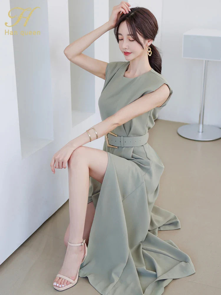 Elegant Women's Business Jumpsuit O-Neck Wide Leg Split Trousers Long Casual Workwear Romper