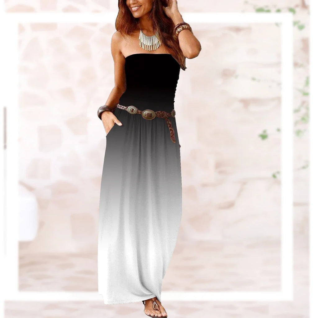 Strapless Maxi Dress With Pockets Off Shoulder Pleated