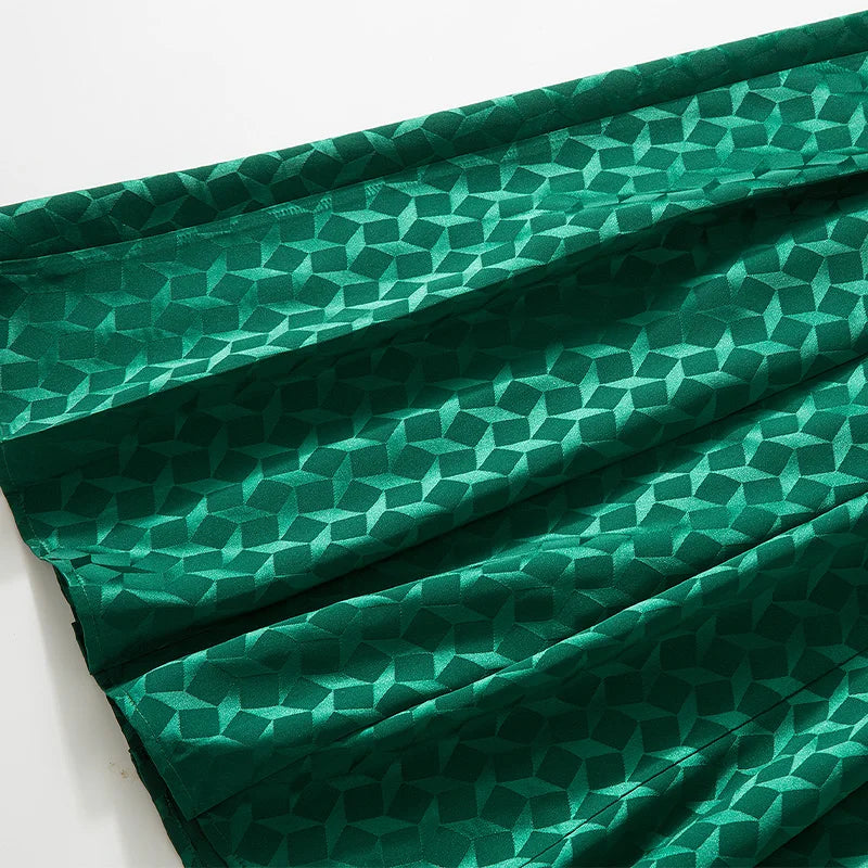 Elegant Green Pleated Long Sleeve Dress With Bow Collar