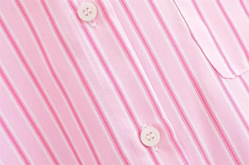 Chic Pink Striped Loose Fit Long Sleeve Blouse for Women Elegant Casual Street Style Shirt