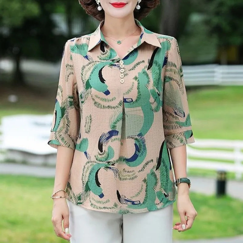 Summer Women's Floral Print Chiffon Pullover Shirt with Square Collar Half Sleeves Loose Elegant Button-Up Vacation Top