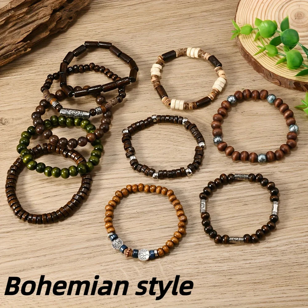 10pcs Bohemian Ethnic Beaded Bracelets for Men Vintage Multi Layer Wooden Bead Life Tree Jewelry Accessory Gift Set