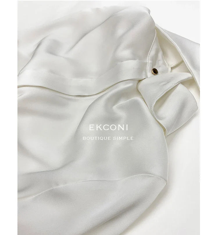 Elegant Turn Down Collar Satin Silk Blouse Vintage Button Closure White Lantern Sleeve Office Lady Shirt Chic Feminine Top