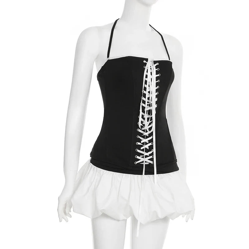 Slim Contrast Color Two-Piece Dress Set for Women Bandage Slash Neck Halter Top with Low-Waisted A-Line Skirt Elegant Sweet Casual Outfit