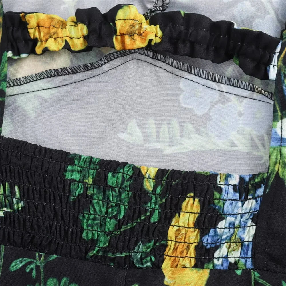 Open Back Midi Dress With Flower Print Strappy Detail