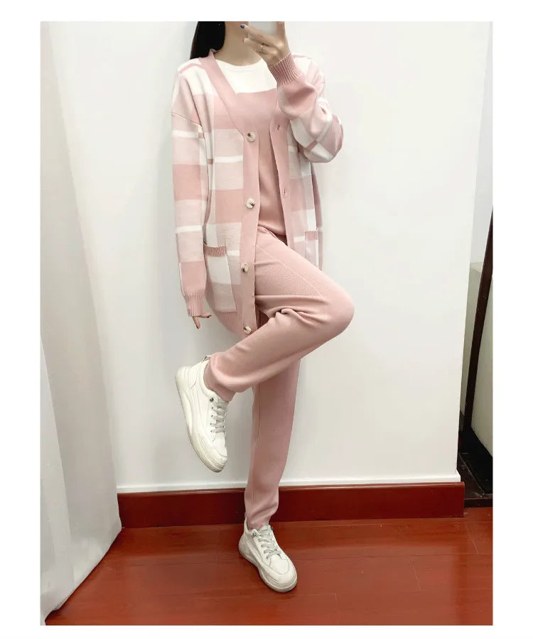 Autumn Winter Women's Plaid Knit Tracksuit Set with Cardigan Sweater Coat, Short Sleeved Top, and Solid Harem Pants