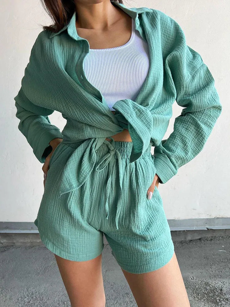 Colorful Plus Size Loose Fit Candy Color Two Piece Set with Blouse and Wide Leg Shorts for Summer and Spring