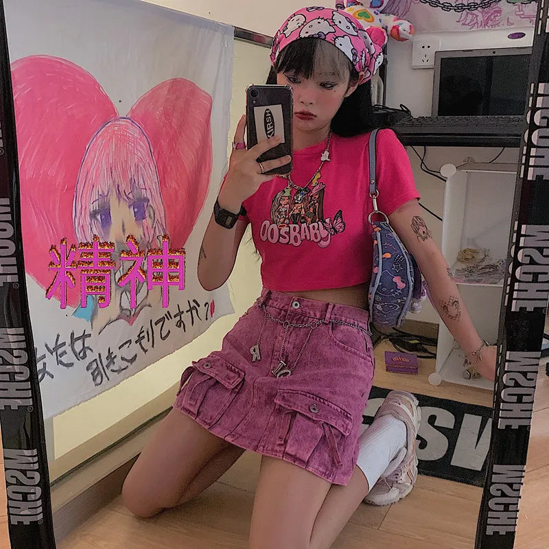 Y2K Summer Gothic Slim Fit Women Crop Top Punk Grunge Streetwear Tee