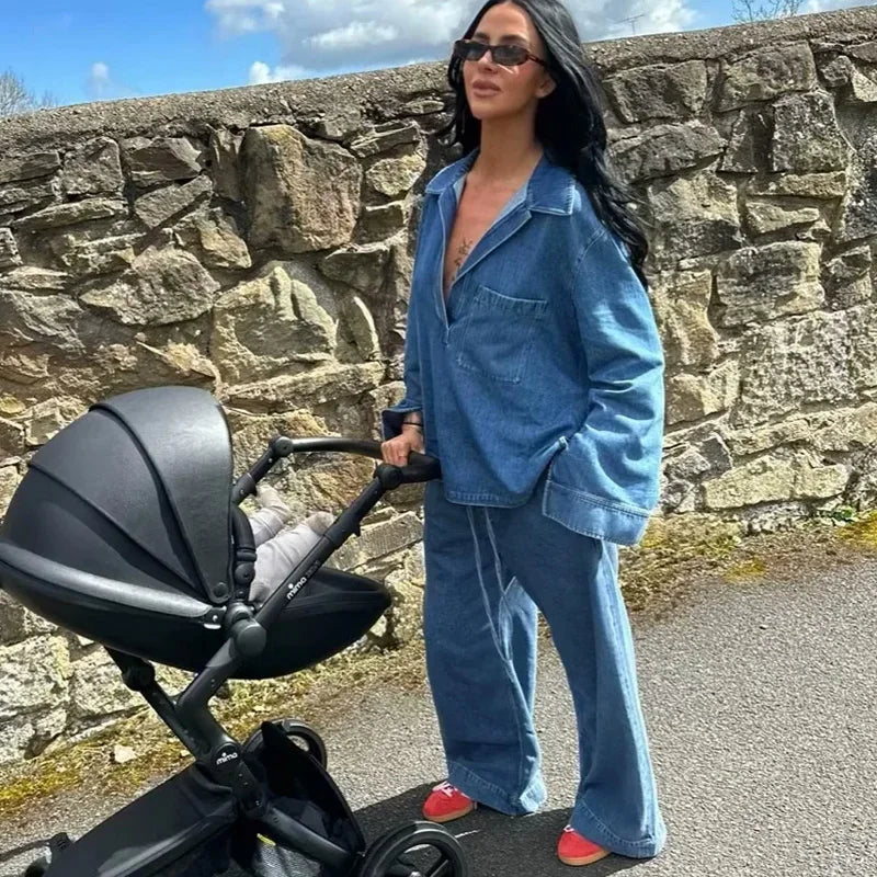 Blue Oversized Shirt and Wide Baggy Pants Denim Two Piece Set for Women Casual Autumn Outfit