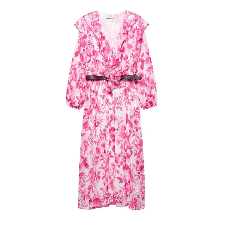 Printed Midi Dress With Belt for Women V Neck Chic