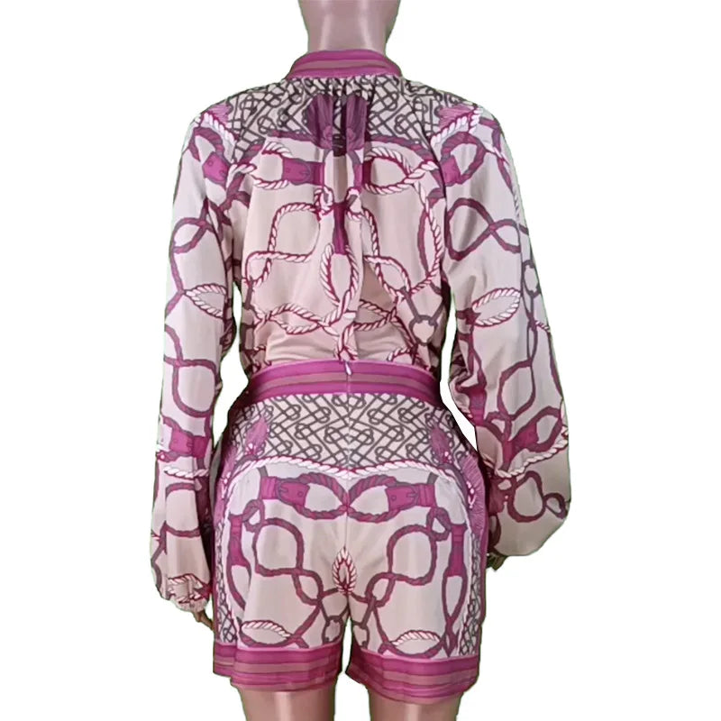 Elegant Two-Piece Women's Set Featuring Stand Collar Long Sleeve Blouse and High-Waist Elastic Shorts Casual Chic Lounge Wear