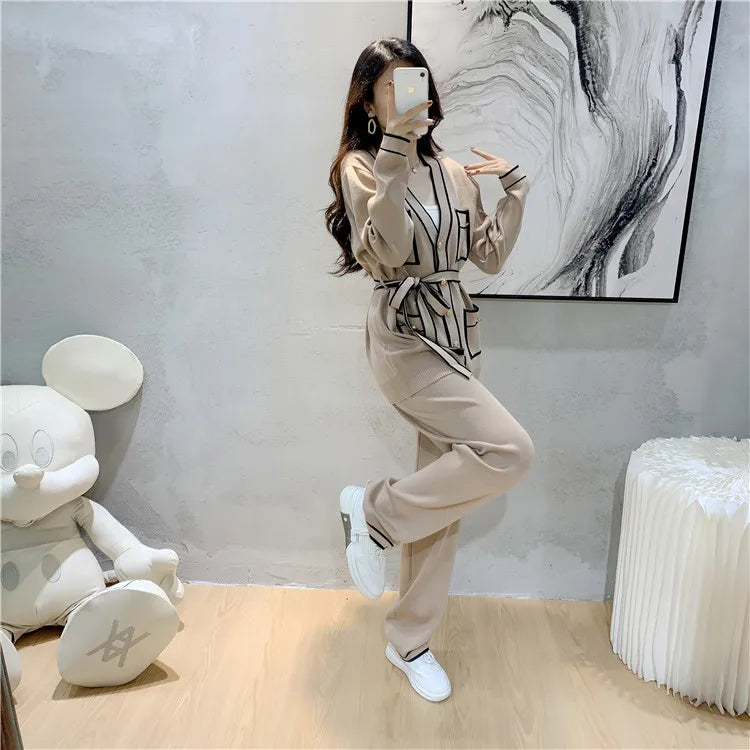 Autumn Elegant Two-Piece Trouser Suit for Women Long Sleeve Tailored Coat with Casual Wide Leg Trousers Office Lady Chic Set