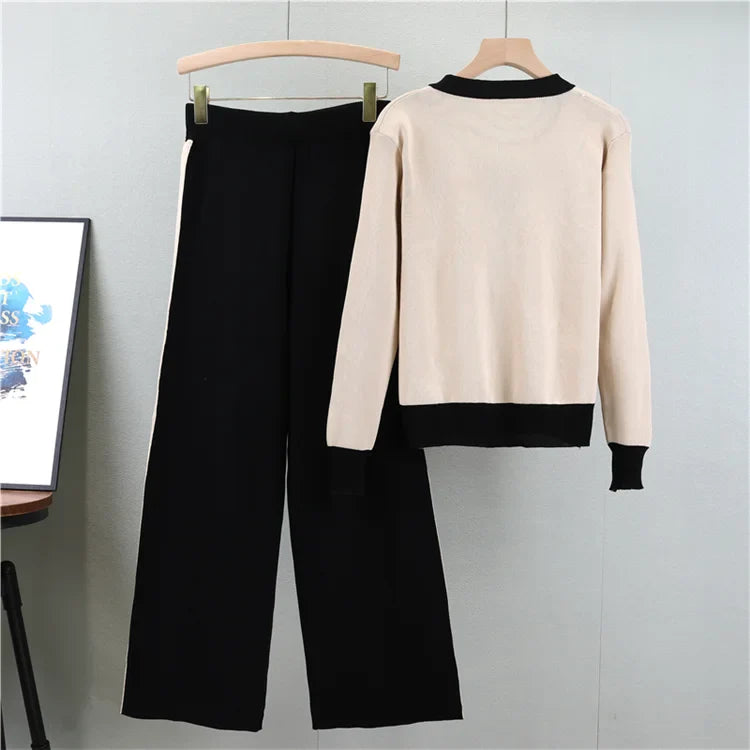 Women's Knitting Sweater Set with V-neck Cardigan and Wide Leg Pants for Cozy Autumn and Winter Wear