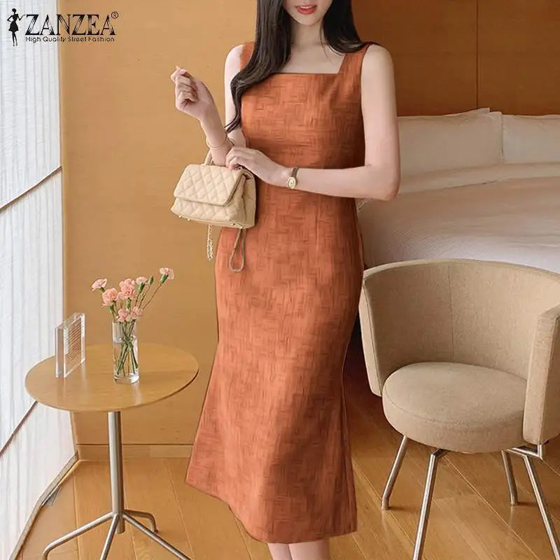 Elegant Sleeveless Square Neck Mermaid Midi Dress for Women