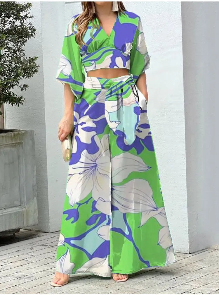 Casual Women's Two Piece Set Featuring V Neck Crop Top and High Waist Wide Leg Pants with Trendy Print for Stylish Autumn Outfits