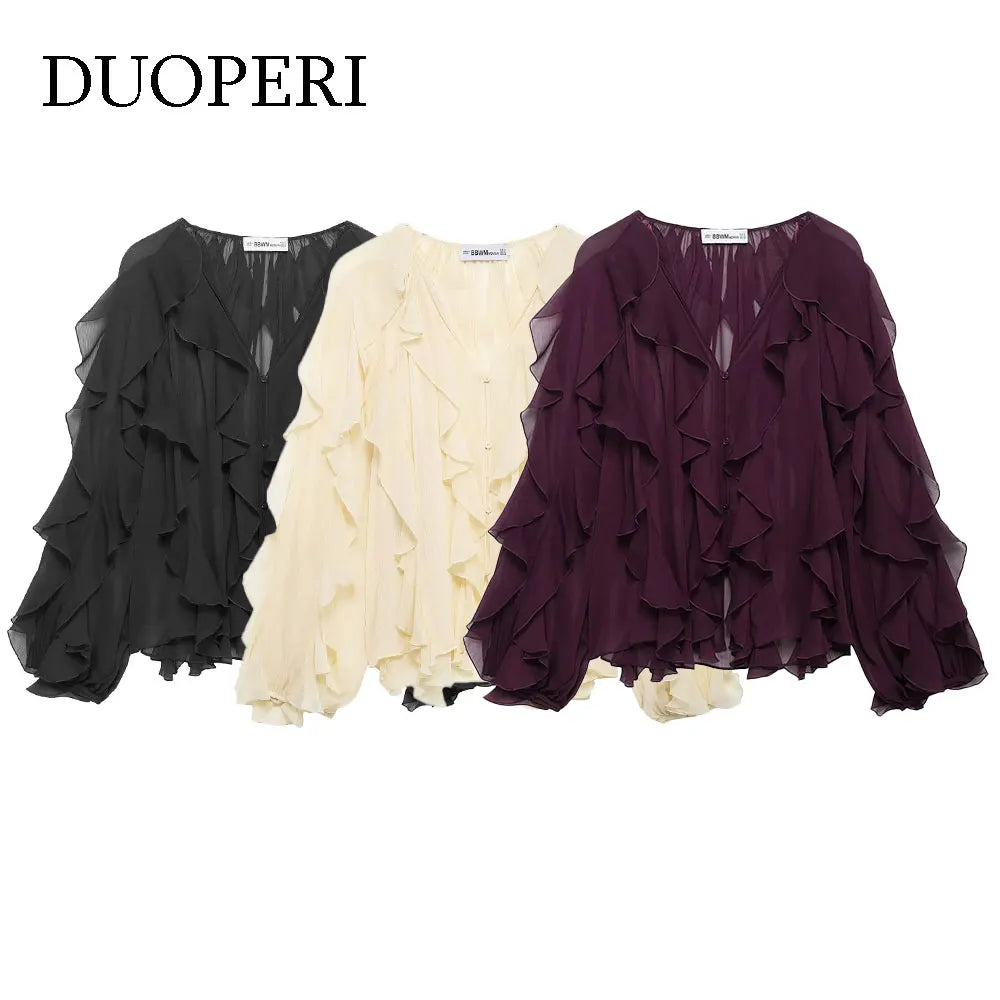 Women's Vintage V-Neck Ruffled Blouse Long Sleeve Solid Color Chic Fashion Top for Ladies