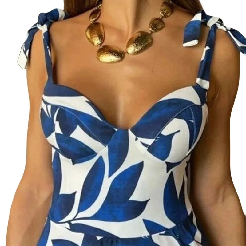 Summer Print Long Dress Spaghetti Strap Sundress V Neck