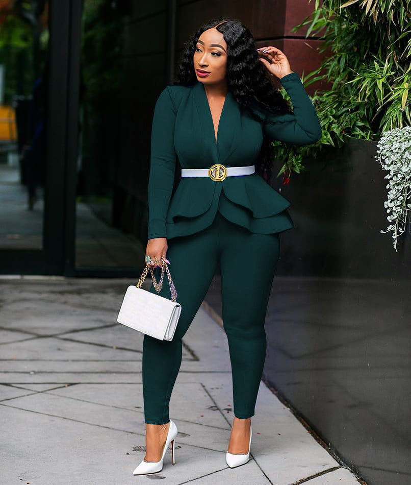 Women Winter Two Piece Tracksuit Set with Ruffled Blazer and Pencil Pants for Office Wear