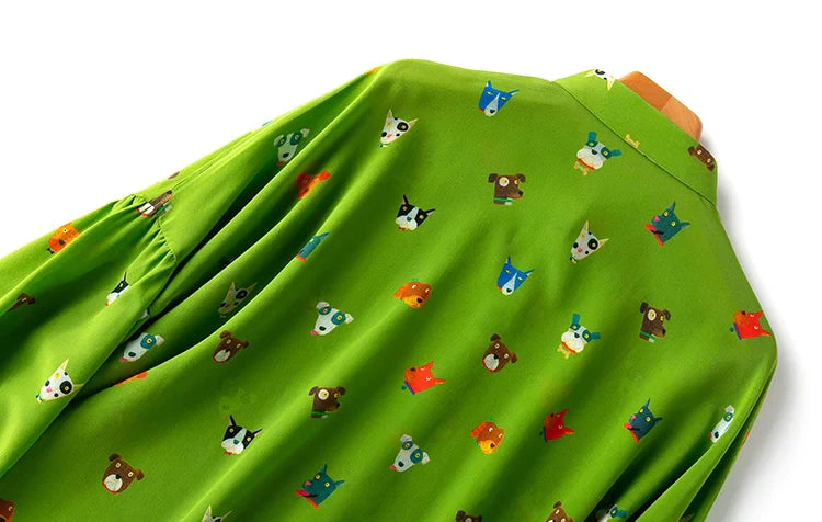 Women Shirt 100 Percent Mulberry Crepe Silk Green Lantern Sleeve Blouse with Cartoon Button Detail