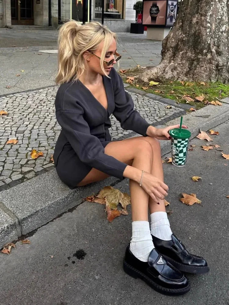 Women's Knit Tailored Cardigan and Skirt Set V-Neck Long Sleeve Jacket with High Waist Elastic A-Line Mini Skirt Stylish Two-Piece Outfit